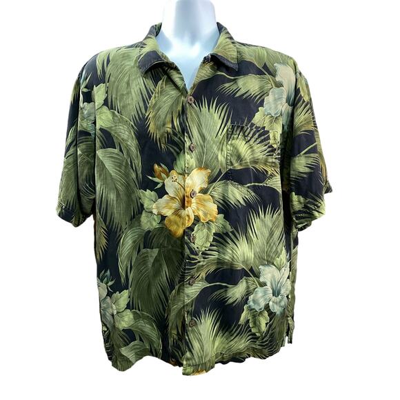 VTG Tommy Bahama Camp Hawaiian Shirt 100% Silk Floral Print Mens Size L Green - Picture 1 of 8
